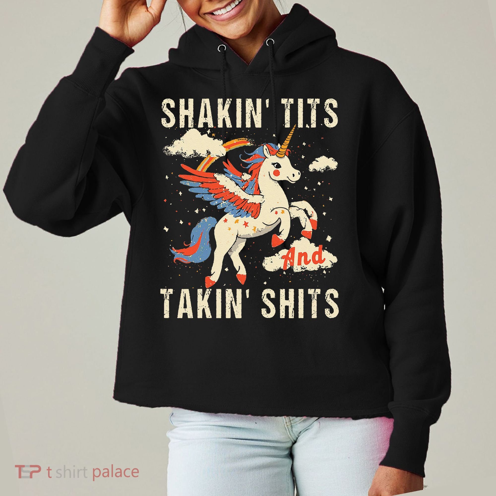 Funny Shakin Tits And Takin Shits Retro Unicorn Sarcasm Ladies Heavyweight Boxy Pullover Hoodie