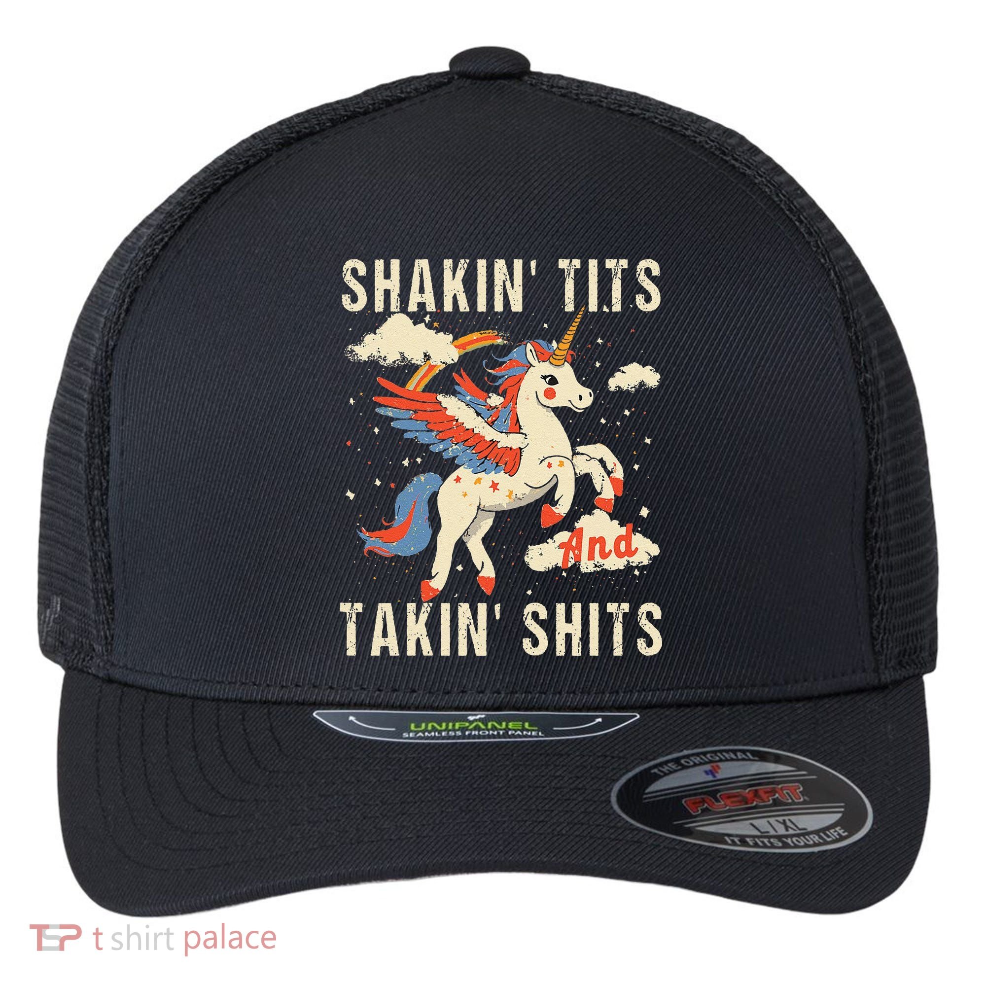 Funny Shakin Tits And Takin Shits Retro Unicorn Sarcasm Flexfit Unipanel Trucker Cap