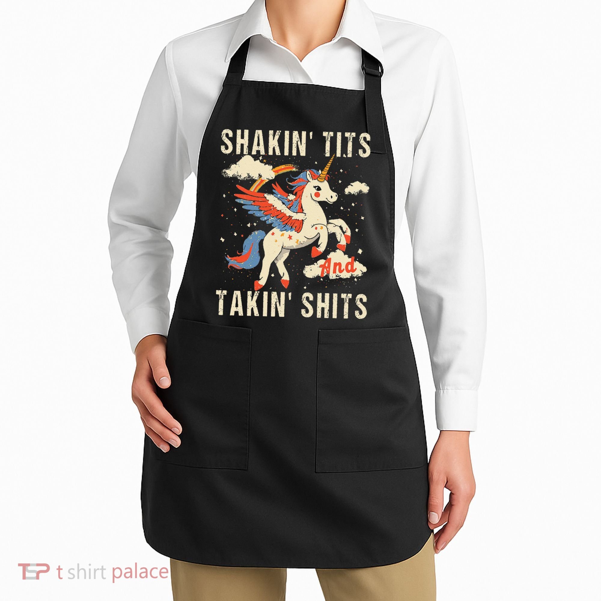 Funny Shakin Tits And Takin Shits Retro Unicorn Sarcasm Apron
