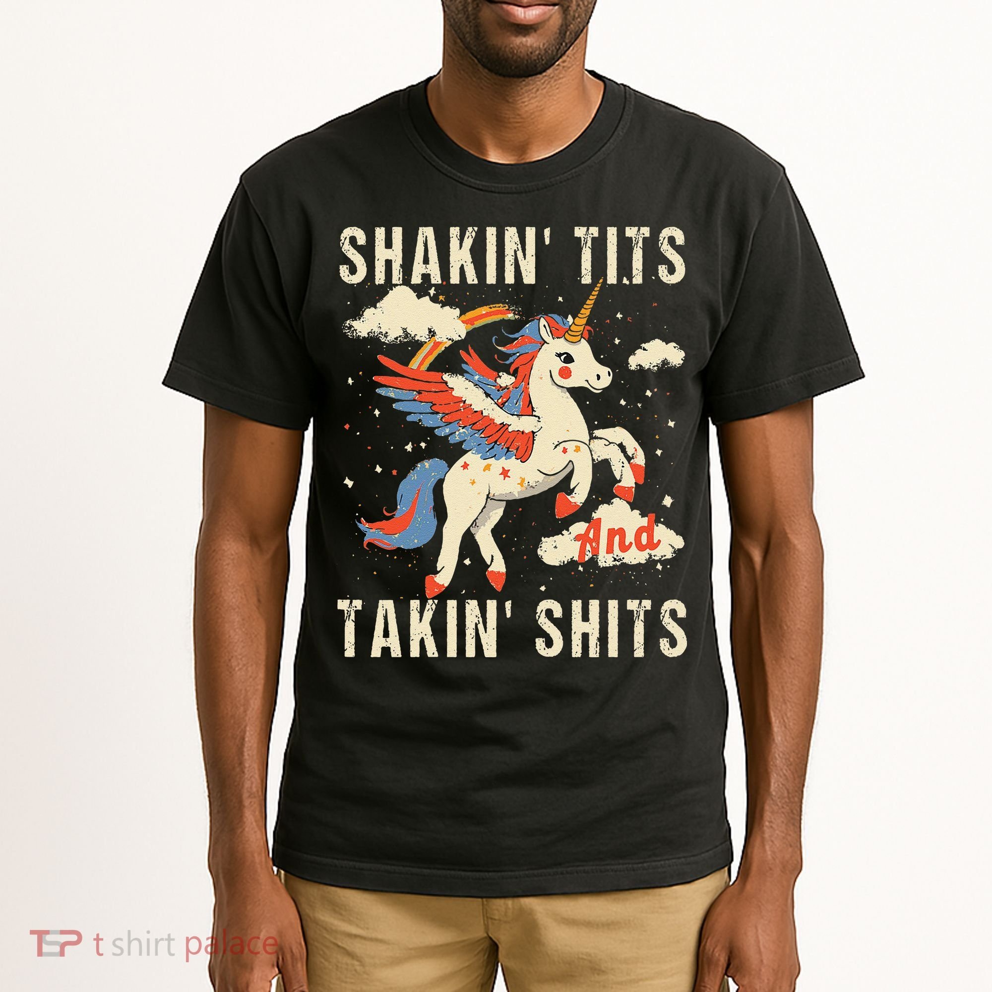Funny Shakin Tits And Takin Shits Retro Unicorn Sarcasm Tall T-Shirt