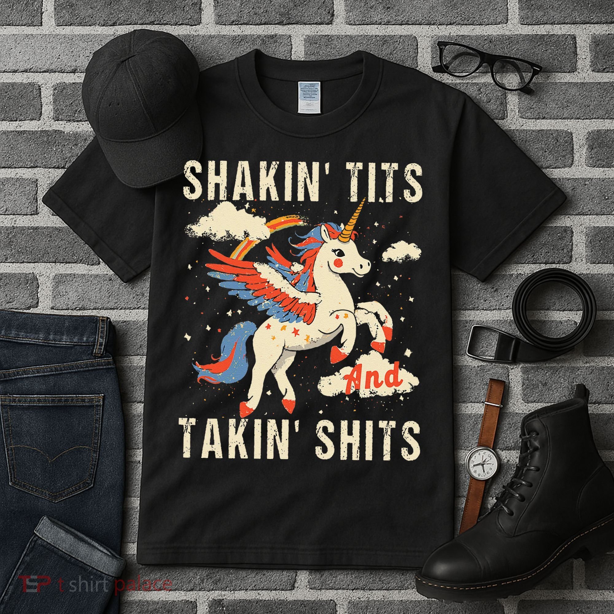 Funny Shakin Tits And Takin Shits Retro Unicorn Sarcasm Tall T-Shirt