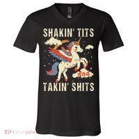 Funny Shakin Tits And Takin Shits Retro Unicorn Sarcasm V-Neck T-Shirt thumb 0
