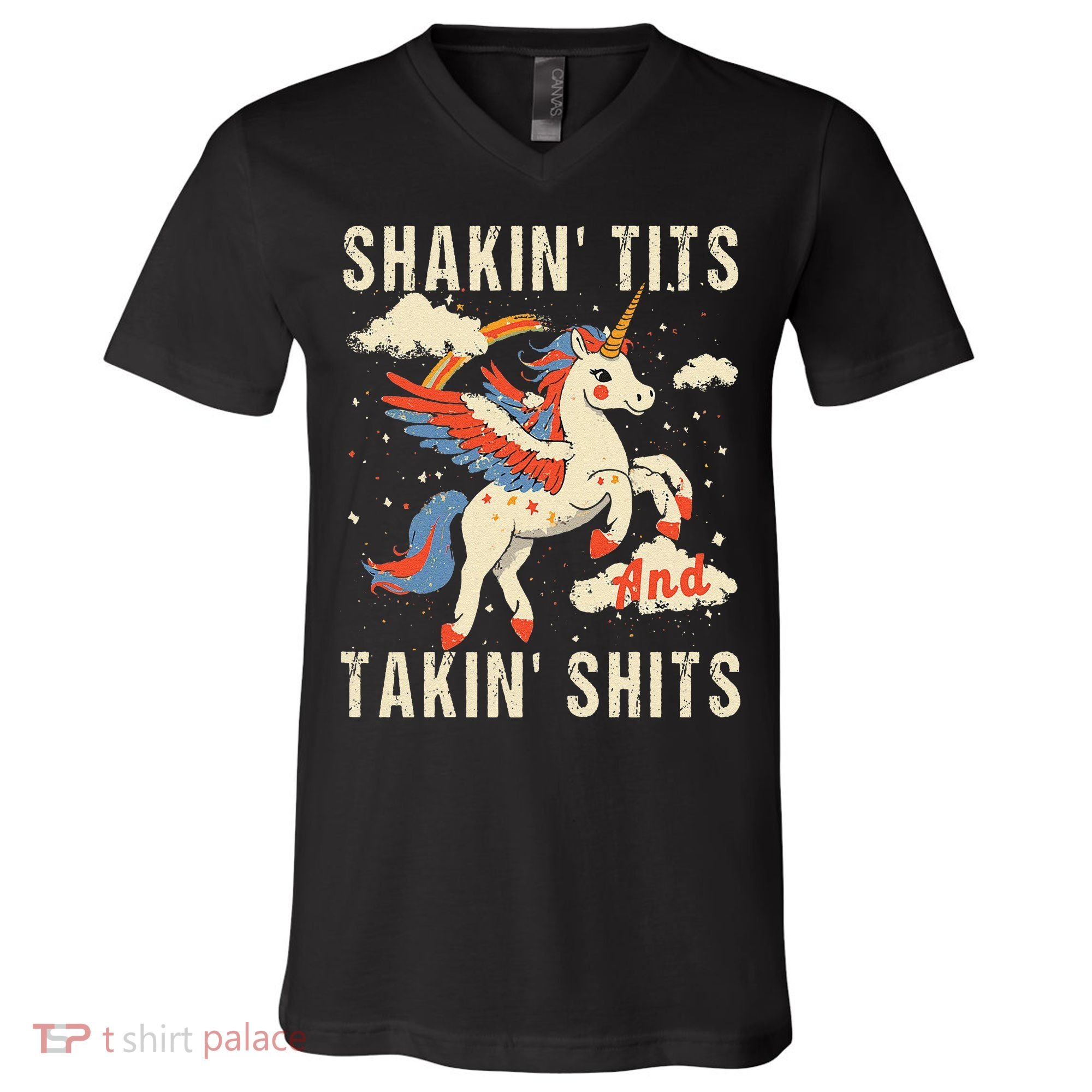 Funny Shakin Tits And Takin Shits Retro Unicorn Sarcasm V-Neck T-Shirt