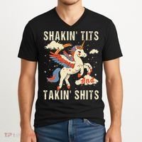 Funny Shakin Tits And Takin Shits Retro Unicorn Sarcasm V-Neck T-Shirt thumb 2