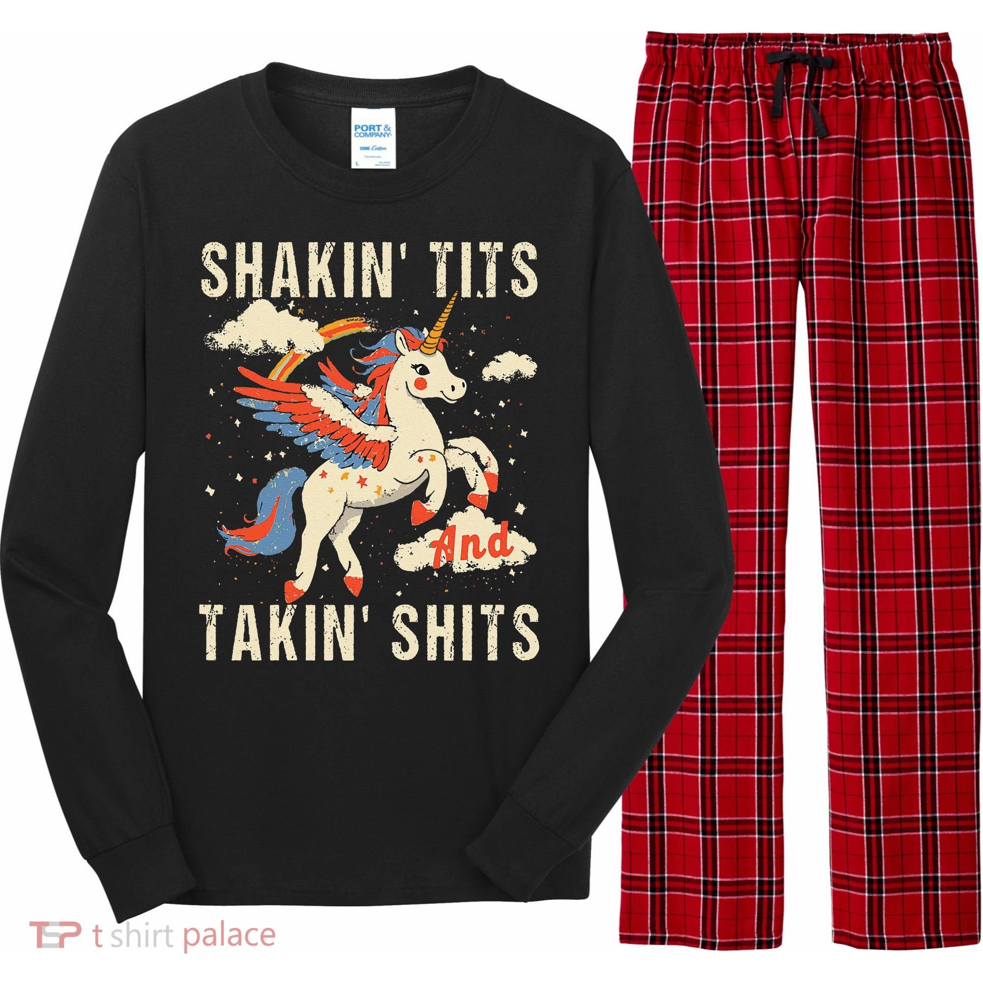 Funny Shakin Tits And Takin Shits Retro Unicorn Sarcasm Long Sleeve Pajama Set