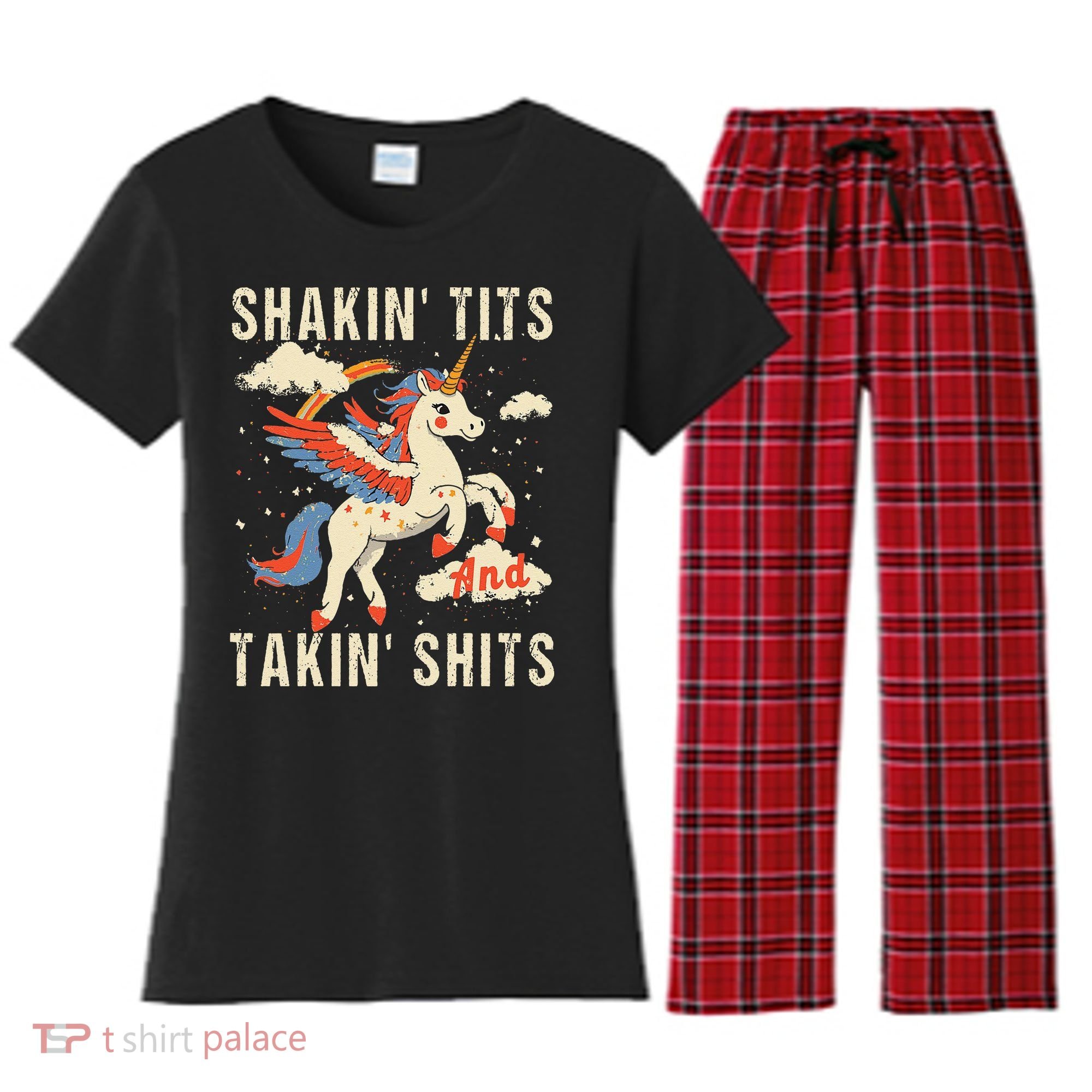 Funny Shakin Tits And Takin Shits Retro Unicorn Sarcasm Women's Flannel Pajama Set