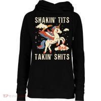 Funny Shakin Tits And Takin Shits Retro Unicorn Sarcasm Womens Funnel Neck Pullover Hood thumb 0
