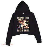 Funny Shakin Tits And Takin Shits Retro Unicorn Sarcasm Crop Fleece Hoodie thumb 0
