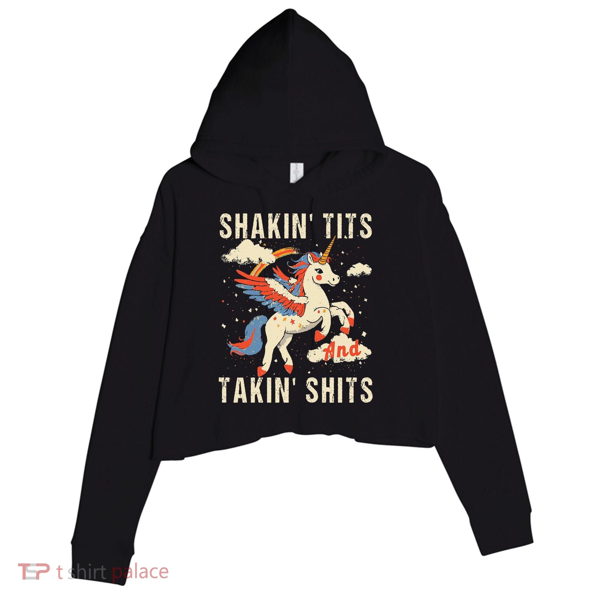 Funny Shakin Tits And Takin Shits Retro Unicorn Sarcasm Crop Fleece Hoodie