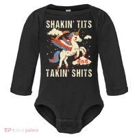 Funny Shakin Tits And Takin Shits Retro Unicorn Sarcasm Baby Long Sleeve Bodysuit thumb 0