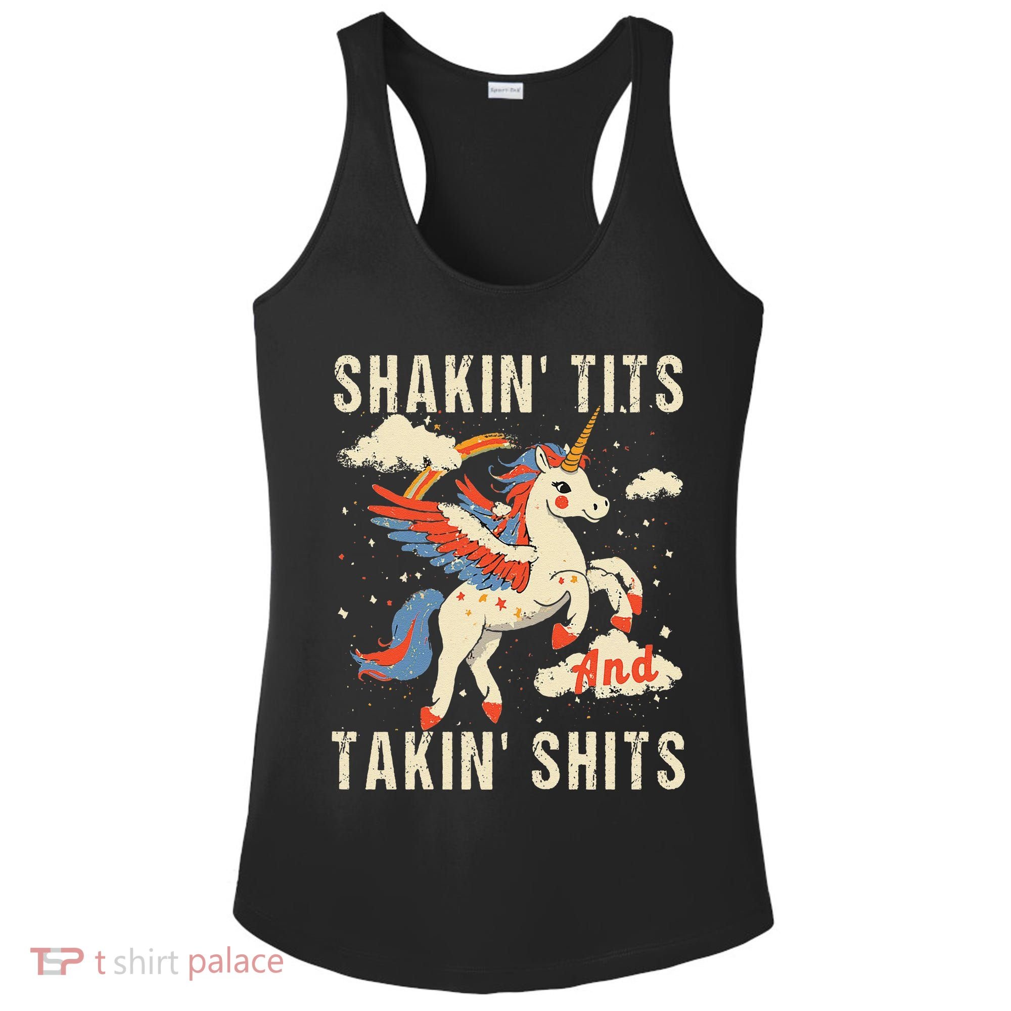 Funny Shakin Tits And Takin Shits Retro Unicorn Sarcasm Ladies PosiCharge Competitor Racerback Tank