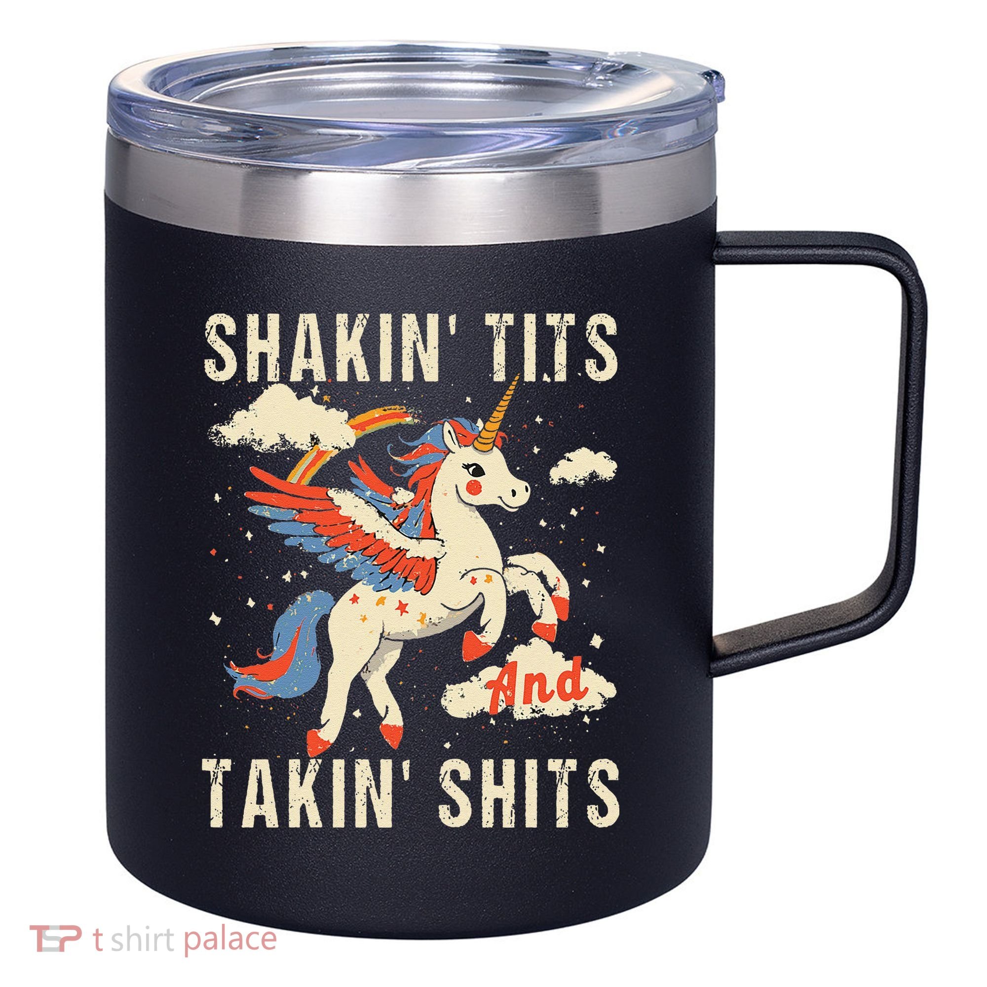 Funny Shakin Tits And Takin Shits Retro Unicorn Sarcasm 12oz Stainless Steel Coffee Mug