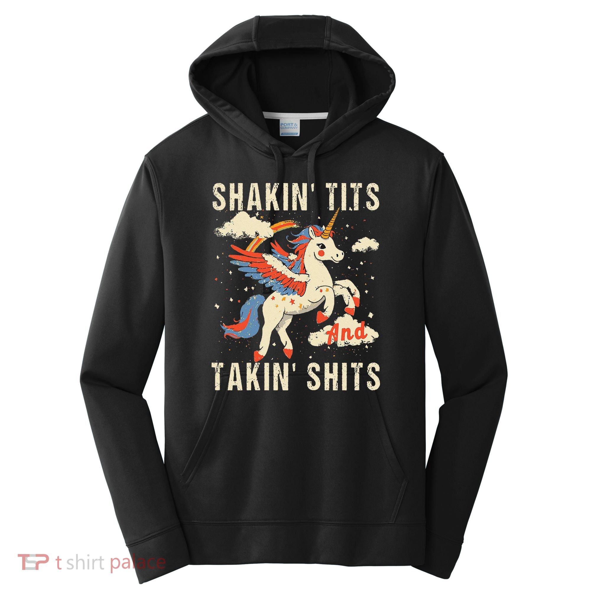 Funny Shakin Tits And Takin Shits Retro Unicorn Sarcasm Performance Fleece Hoodie