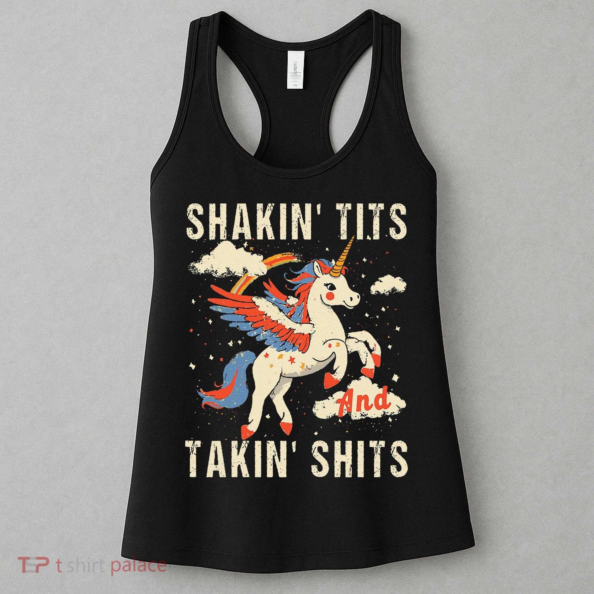 Funny Shakin Tits And Takin Shits Retro Unicorn Sarcasm Women's Tank Top