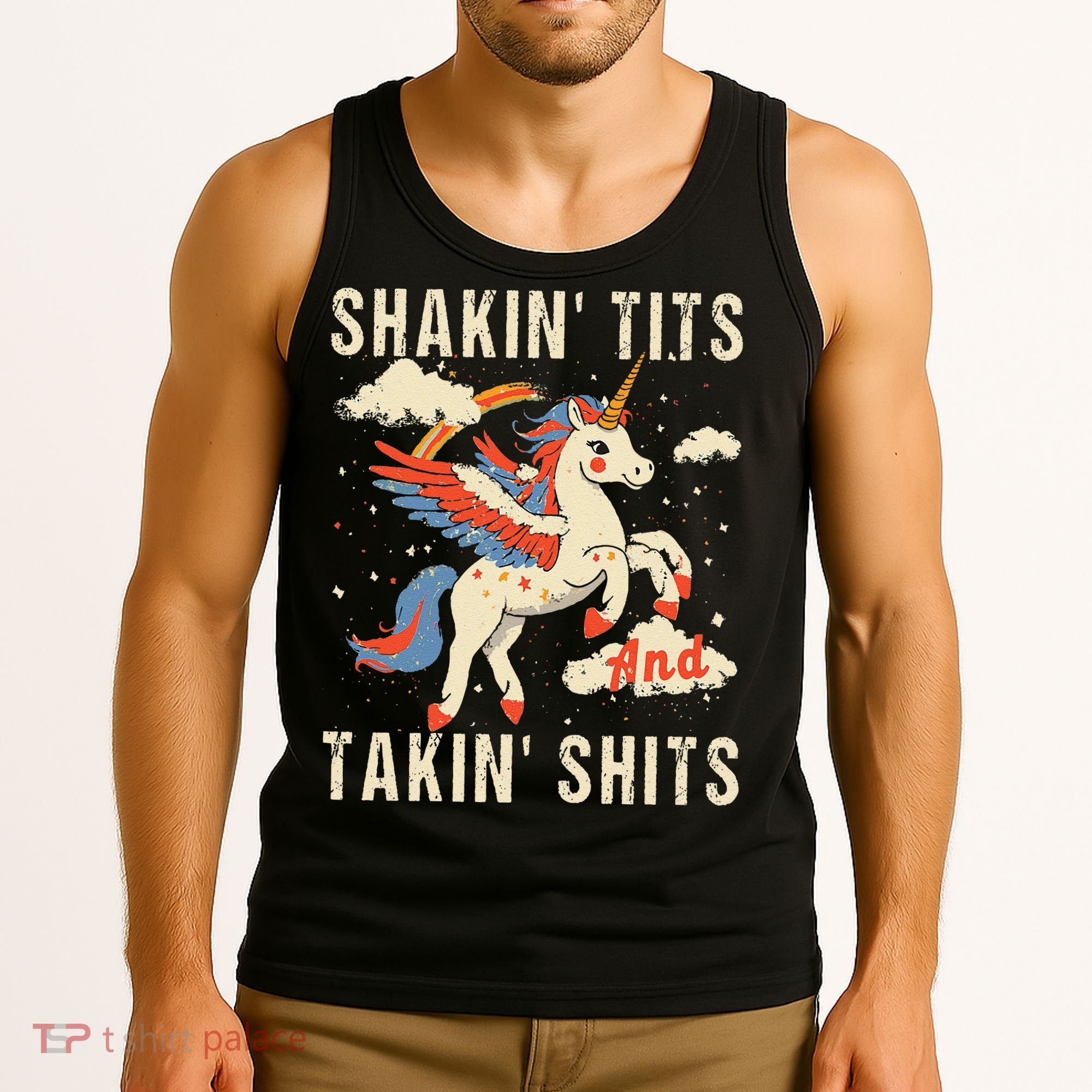 Funny Shakin Tits And Takin Shits Retro Unicorn Sarcasm Tank Top