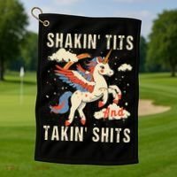 Funny Shakin Tits And Takin Shits Retro Unicorn Sarcasm Golf Towel thumb 1