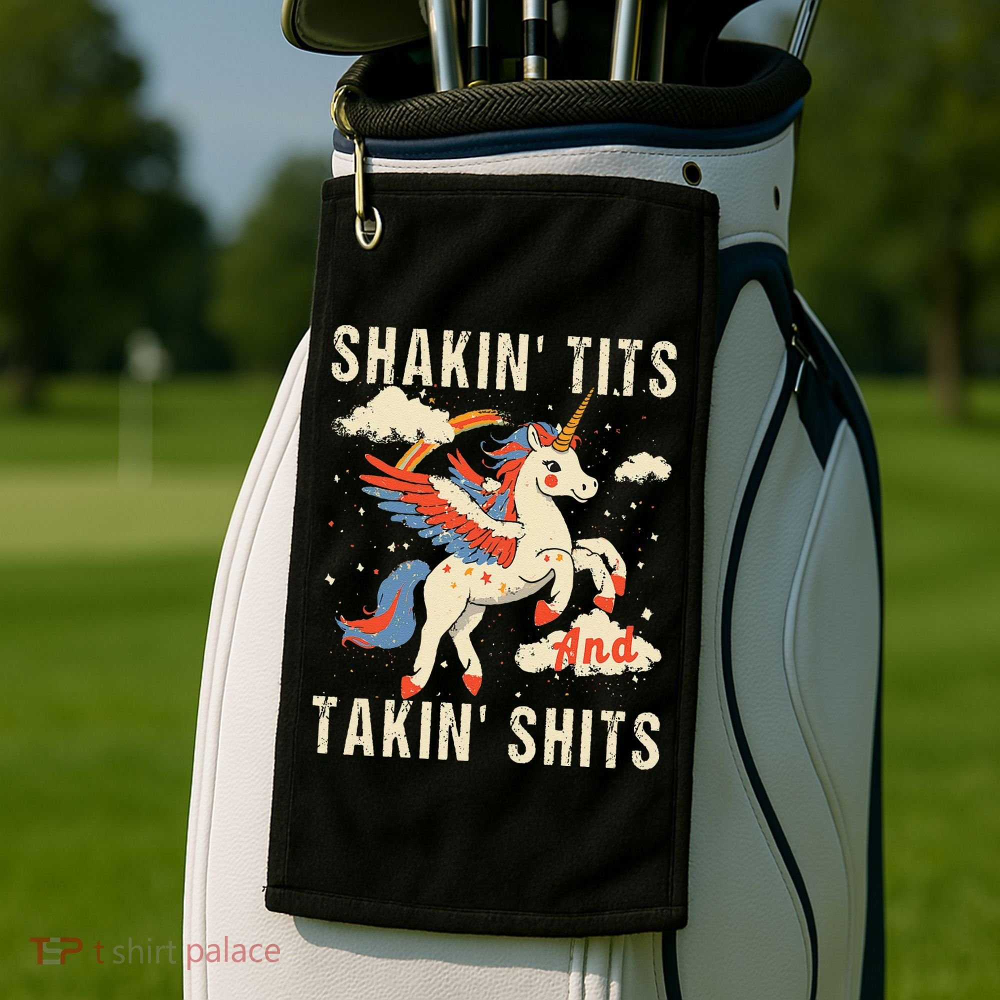 Funny Shakin Tits And Takin Shits Retro Unicorn Sarcasm Golf Towel