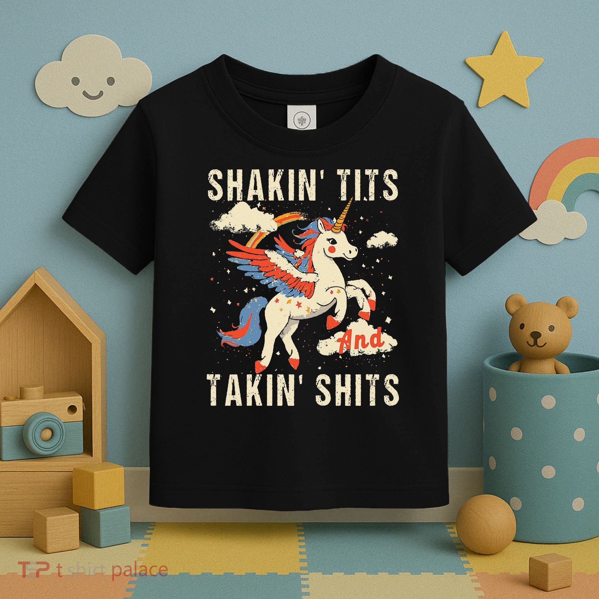 Funny Shakin Tits And Takin Shits Retro Unicorn Sarcasm Toddler T-Shirt