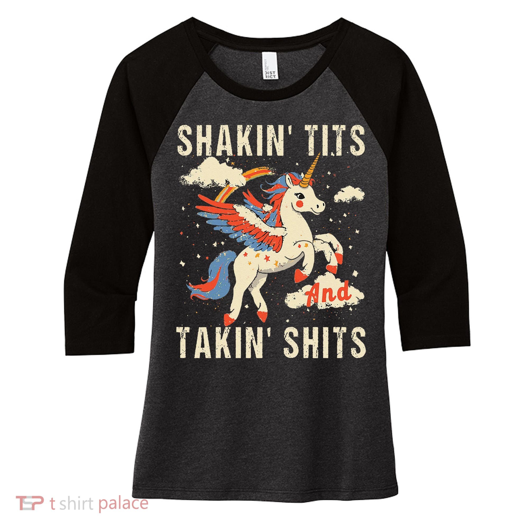 Funny Shakin Tits And Takin Shits Retro Unicorn Sarcasm Women's Tri-Blend 3/4-Sleeve Raglan Shirt