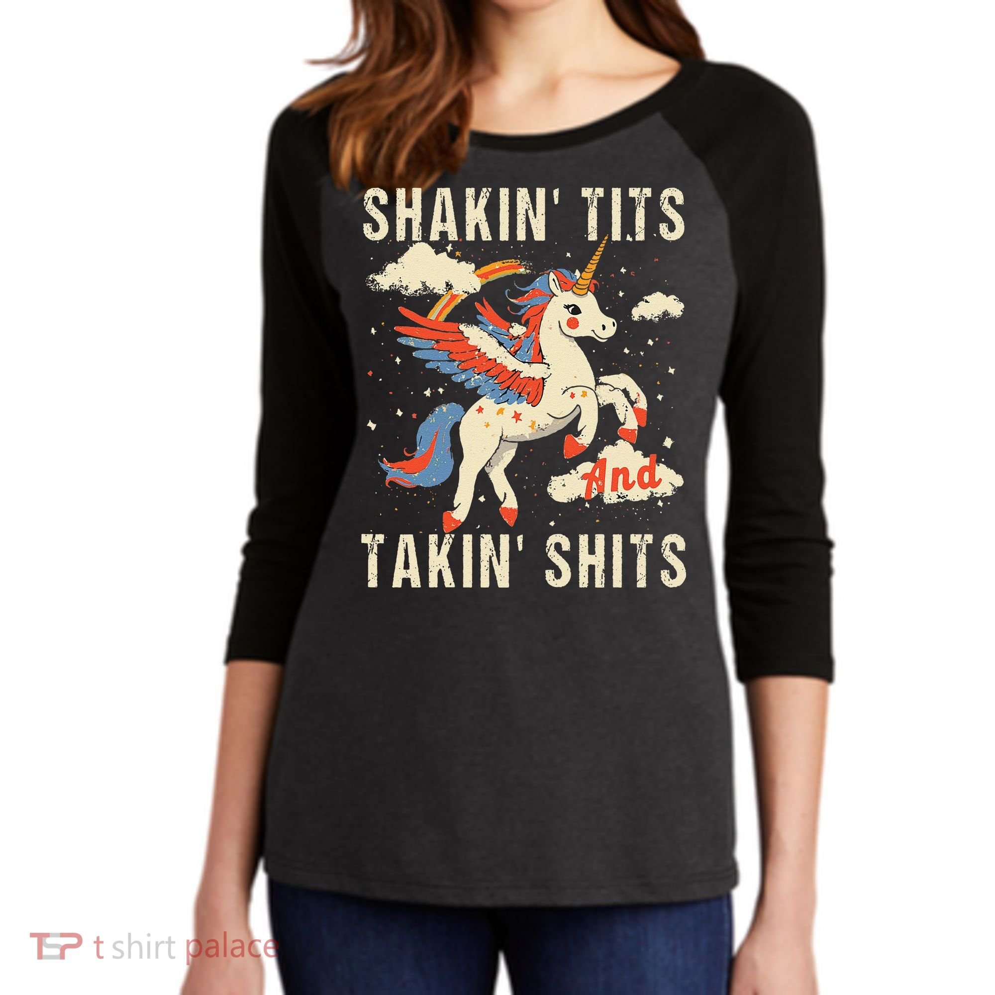 Funny Shakin Tits And Takin Shits Retro Unicorn Sarcasm Women's Tri-Blend 3/4-Sleeve Raglan Shirt