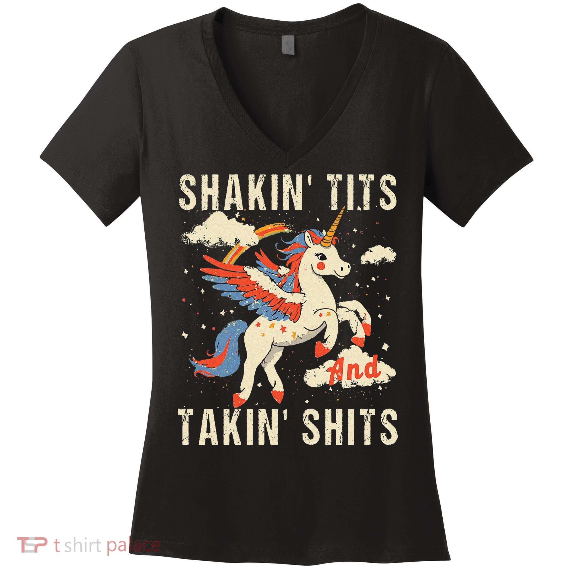 Funny Shakin Tits And Takin Shits Retro Unicorn Sarcasm Women's V-Neck T-Shirt