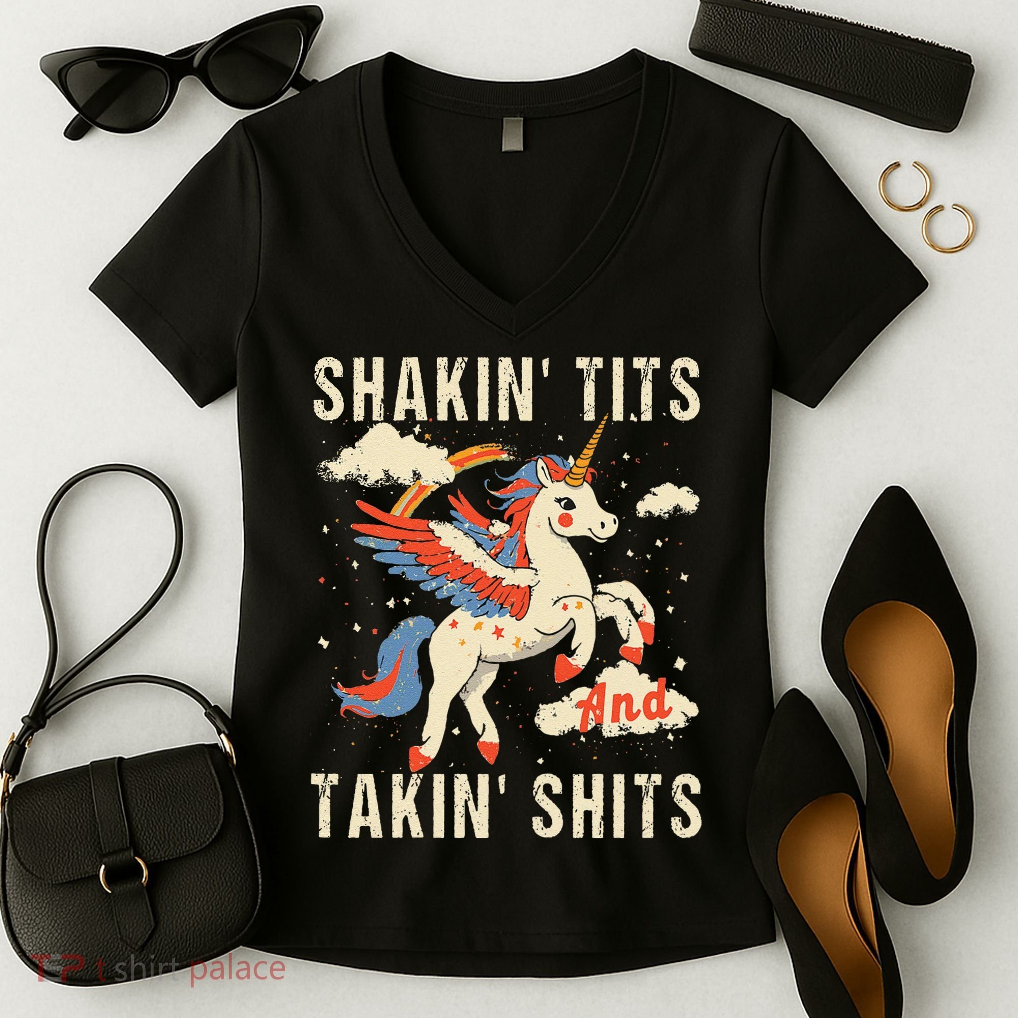 Funny Shakin Tits And Takin Shits Retro Unicorn Sarcasm Women's V-Neck T-Shirt