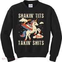 Funny Shakin Tits And Takin Shits Retro Unicorn Sarcasm Kids Sweatshirt thumb 0