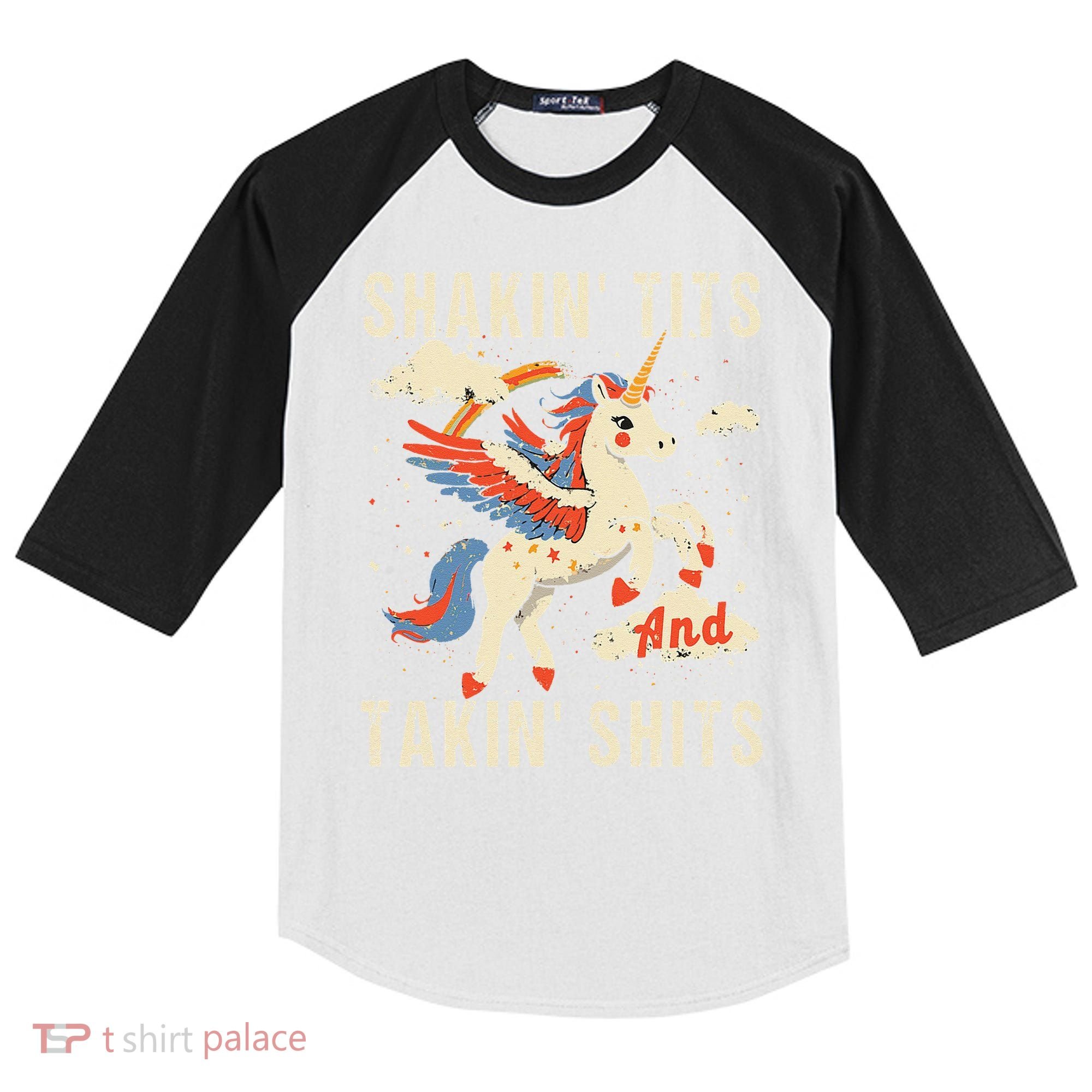 Funny Shakin Tits And Takin Shits Retro Unicorn Sarcasm Kids Colorblock Raglan Jersey