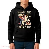 Funny Shakin Tits And Takin Shits Retro Unicorn Sarcasm Kids Hoodie thumb 4