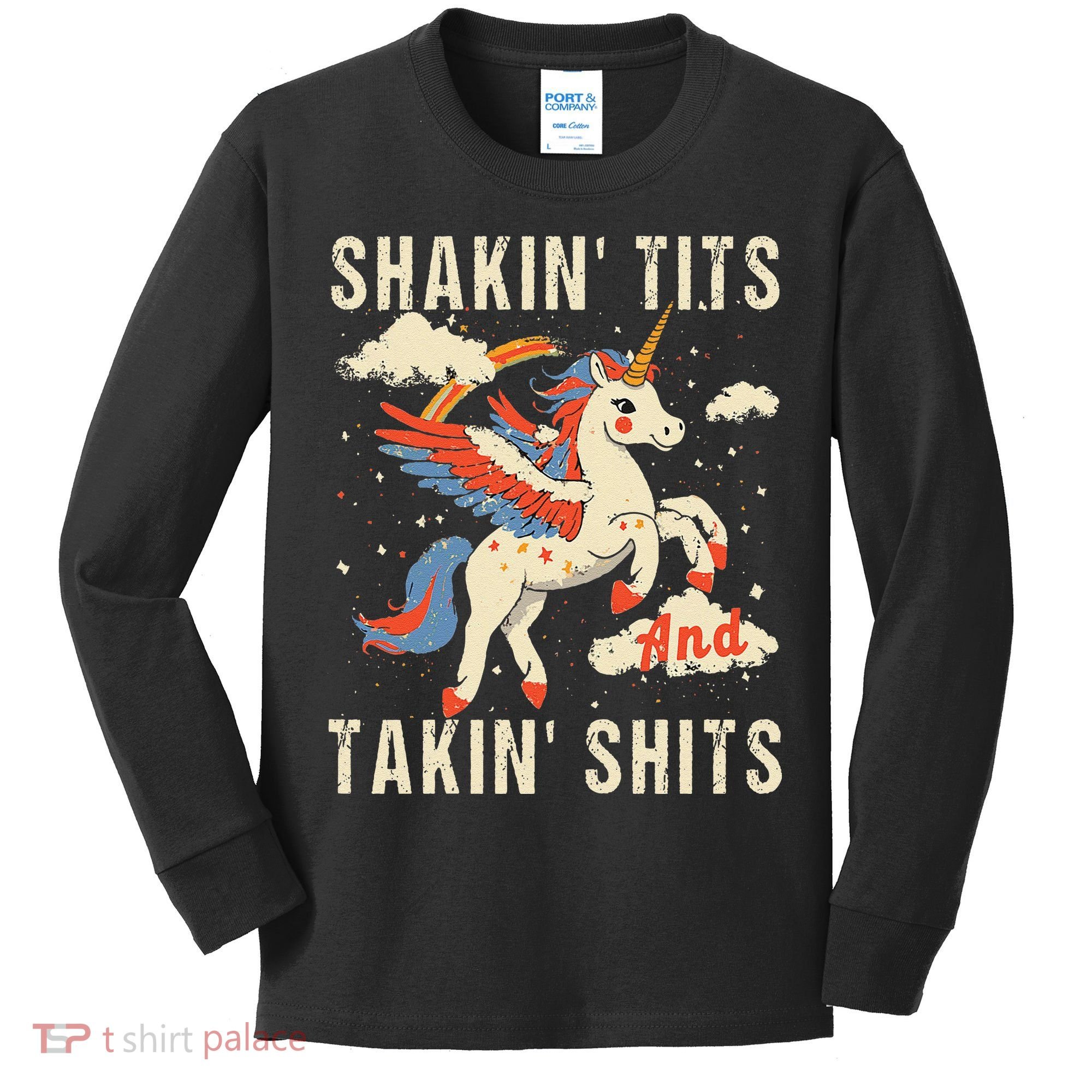 Funny Shakin Tits And Takin Shits Retro Unicorn Sarcasm Kids Long Sleeve Shirt