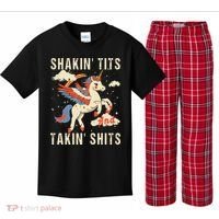 Funny Shakin Tits And Takin Shits Retro Unicorn Sarcasm Kids Plaid Pajama Set thumb 0