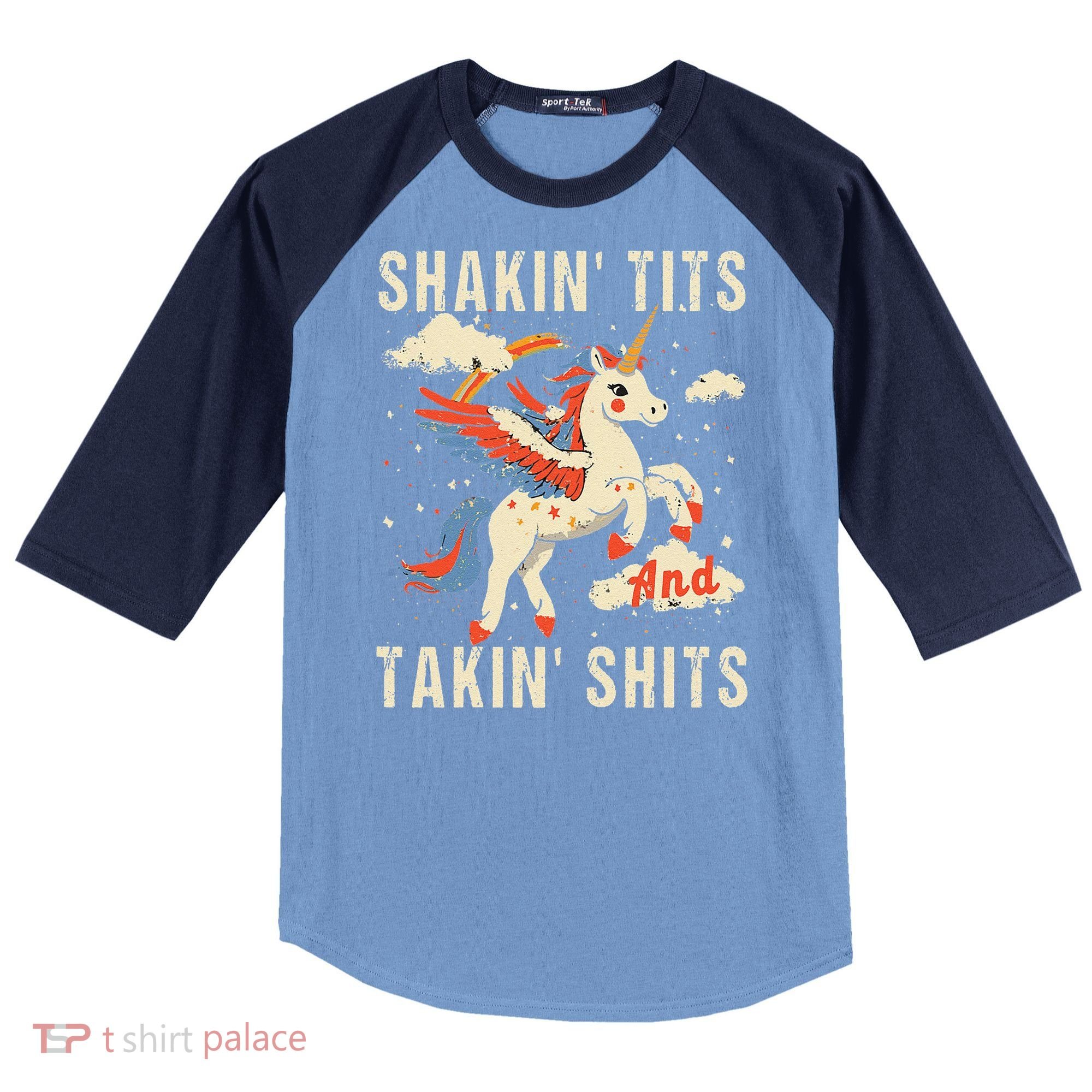 Funny Shakin Tits And Takin Shits Retro Unicorn Sarcasm Raglan Baseball Sleeve Shirt