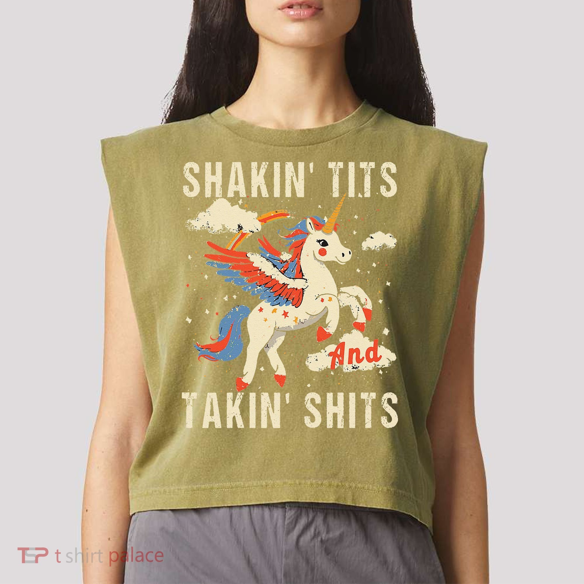 Funny Shakin Tits And Takin Shits Retro Unicorn Sarcasm Garment-Dyed Women's Muscle Tee