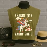 Funny Shakin Tits And Takin Shits Retro Unicorn Sarcasm Garment-Dyed Women's Muscle Tee thumb 3