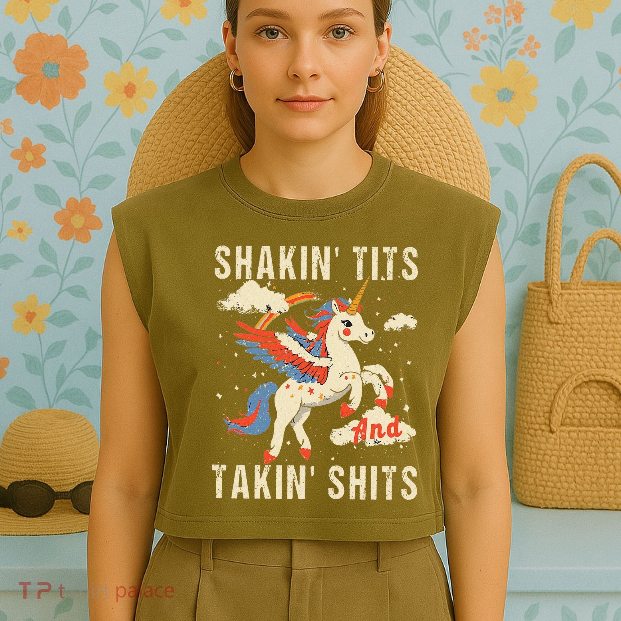 Funny Shakin Tits And Takin Shits Retro Unicorn Sarcasm Garment-Dyed Women's Muscle Tee
