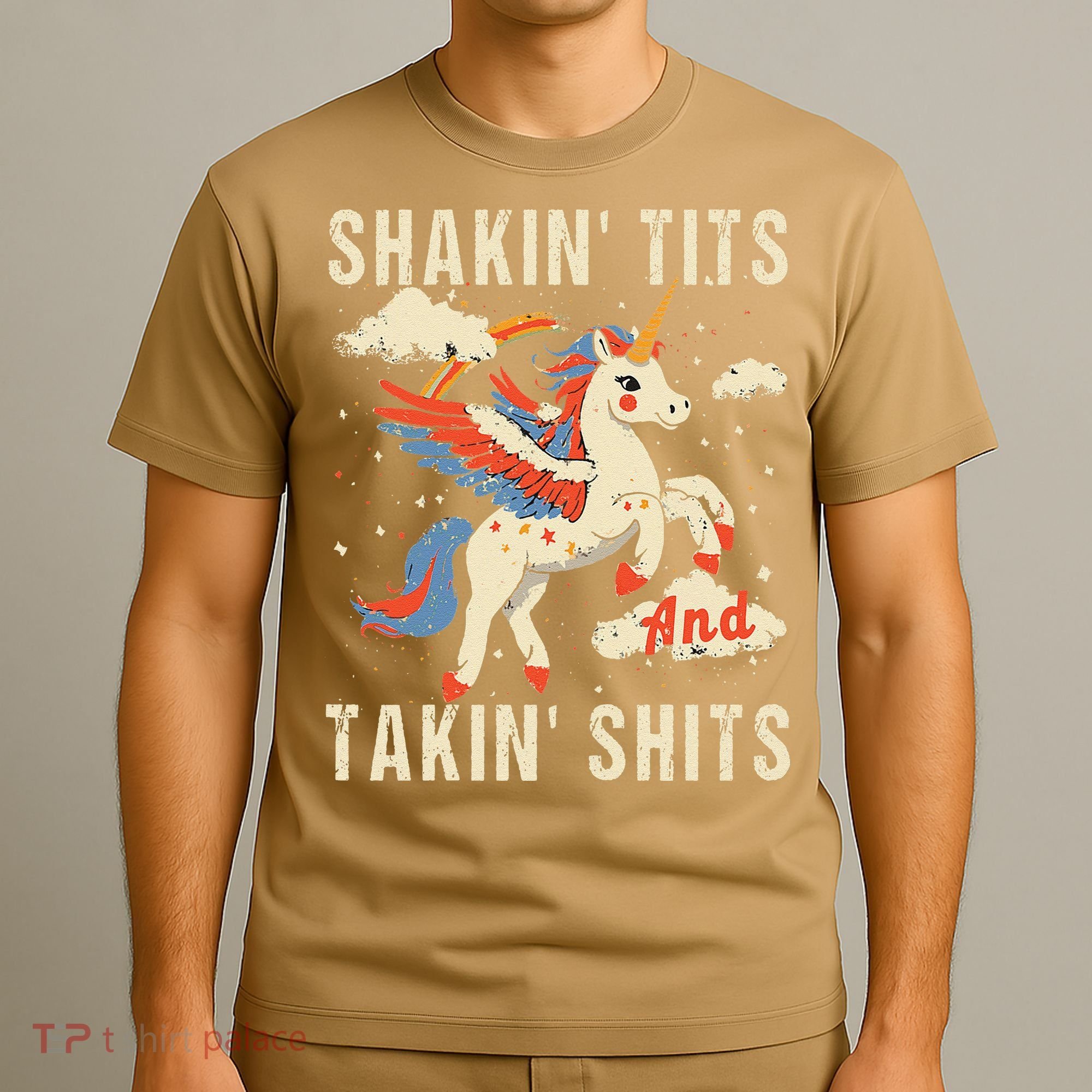 Funny Shakin Tits And Takin Shits Retro Unicorn Sarcasm T-Shirt