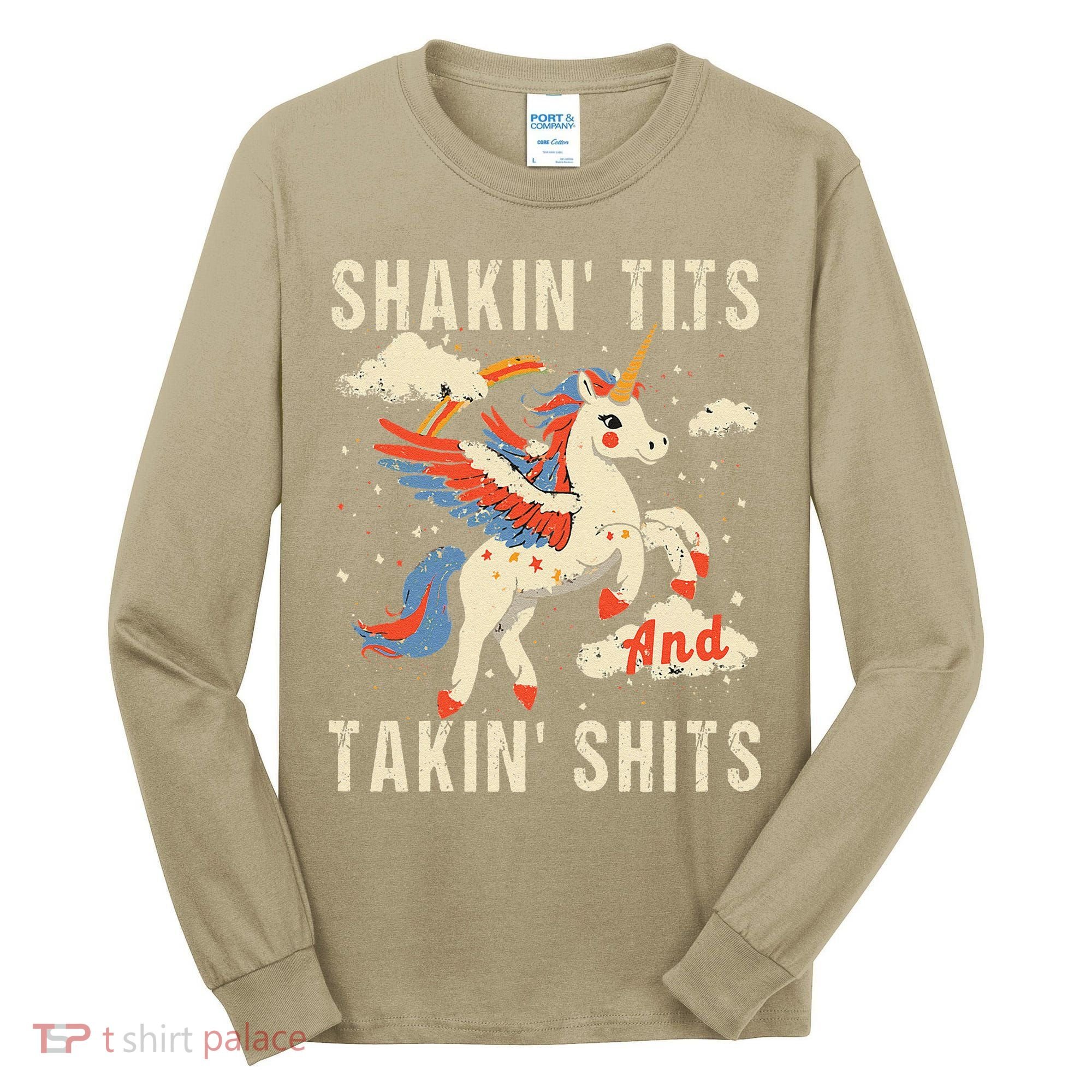 Funny Shakin Tits And Takin Shits Retro Unicorn Sarcasm Tall Long Sleeve Shirt