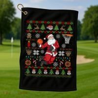 Funny Santa Ugly Christmas Basketball Dunking Gift Golf Towel thumb 1