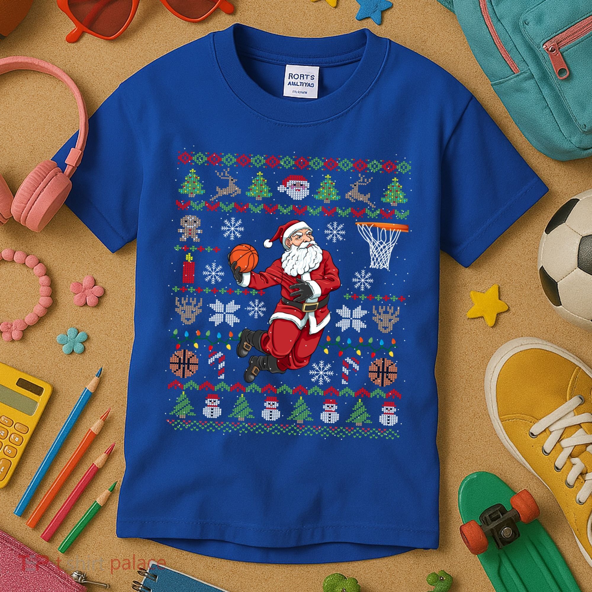 Funny Santa Ugly Christmas Basketball Dunking Gift Kids T-Shirt