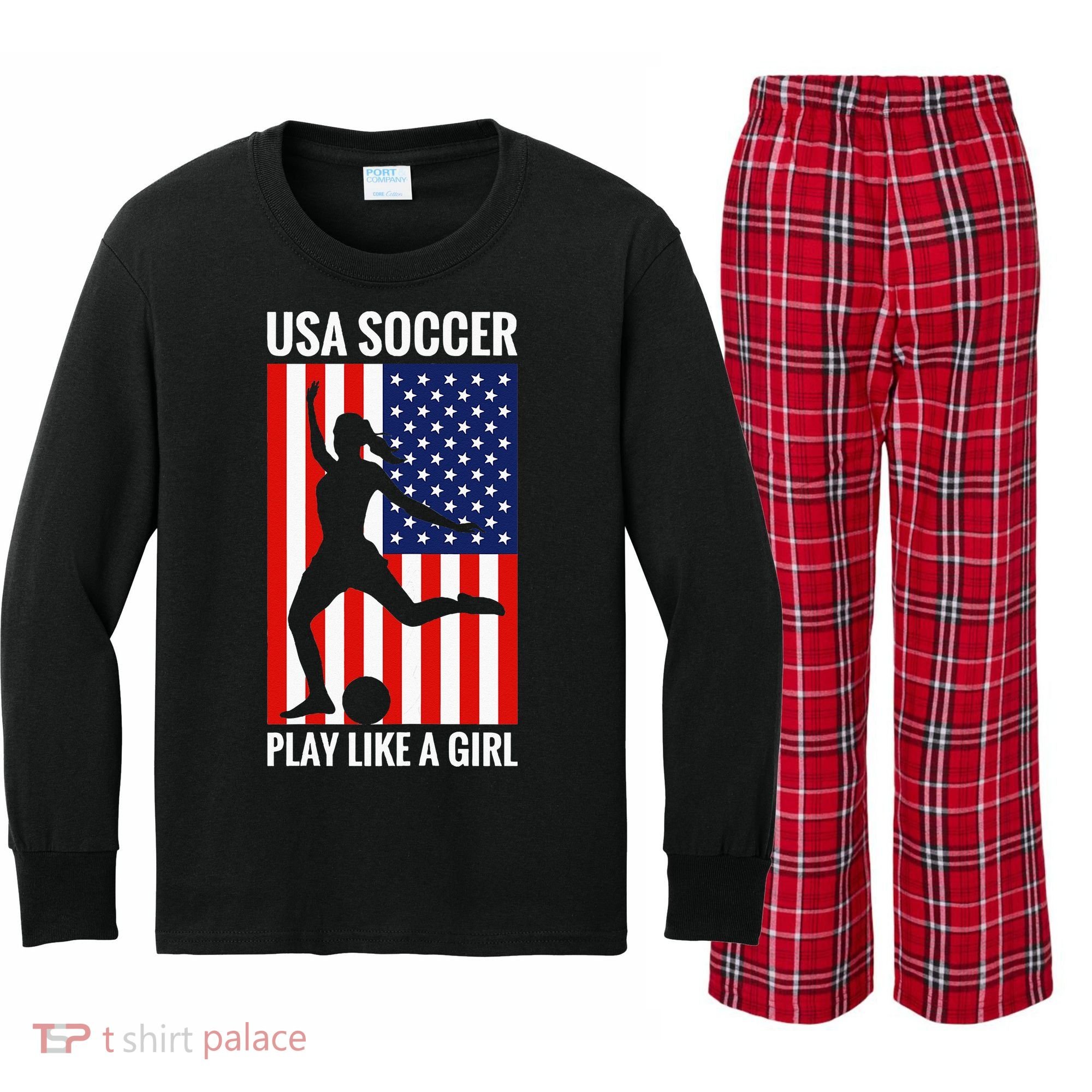 Funny Soccer Usa Soccer Play Like A Girl Kids Long Sleeve Plaid Pajama Set