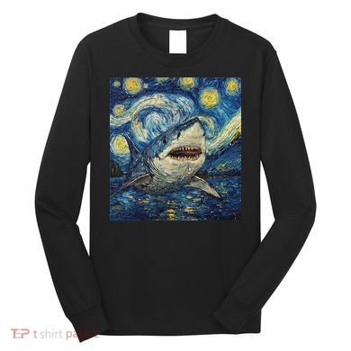 Funny Shark Van Gogh Style Starry Night Long Sleeve Shirt