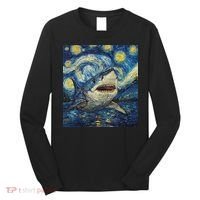 Funny Shark Van Gogh Style Starry Night Long Sleeve Shirt thumb 0