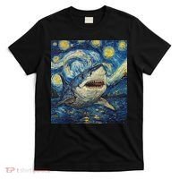 Funny Shark Van Gogh Style Starry Night T-Shirt thumb 0