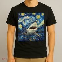 Funny Shark Van Gogh Style Starry Night T-Shirt thumb 3