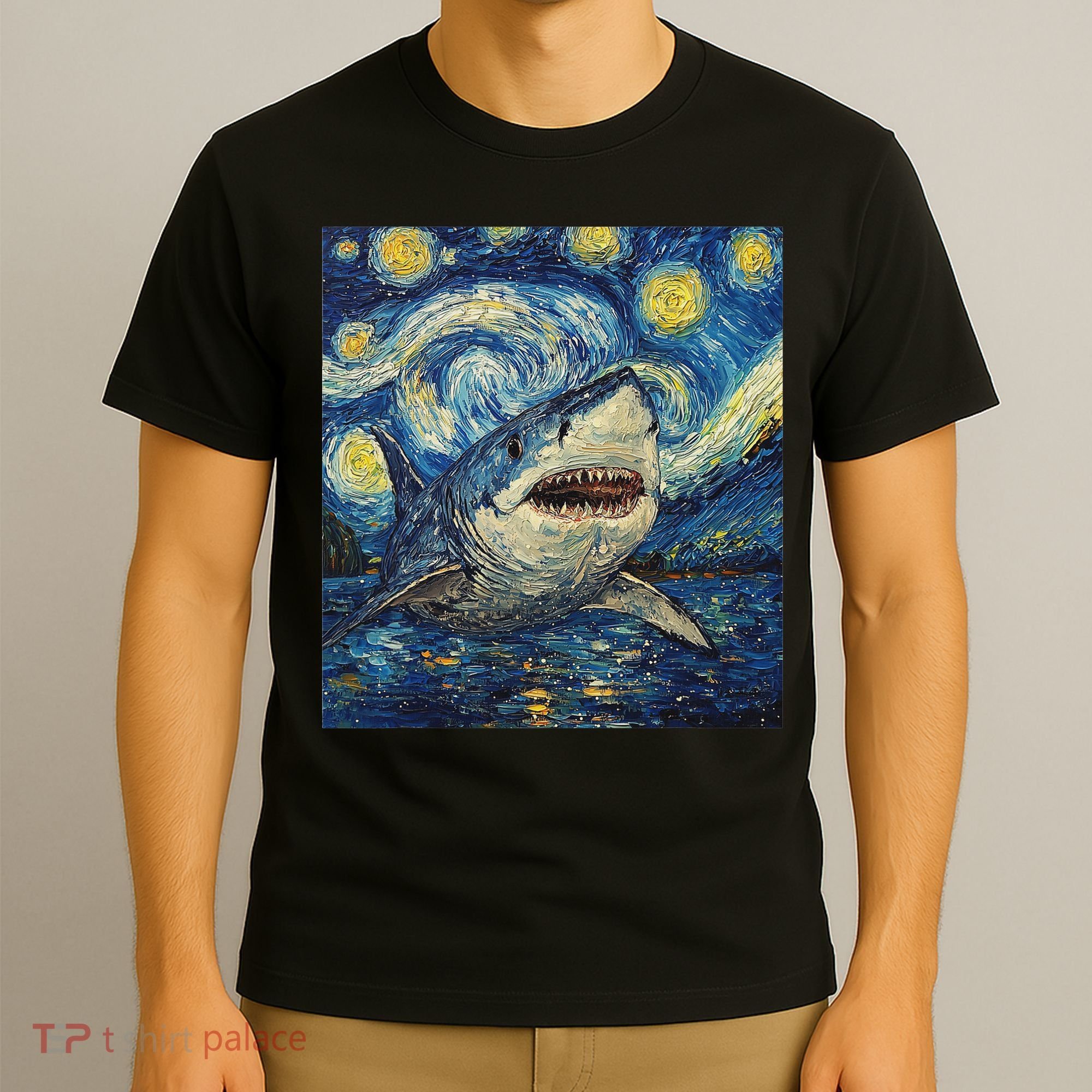 Funny Shark Van Gogh Style Starry Night T-Shirt