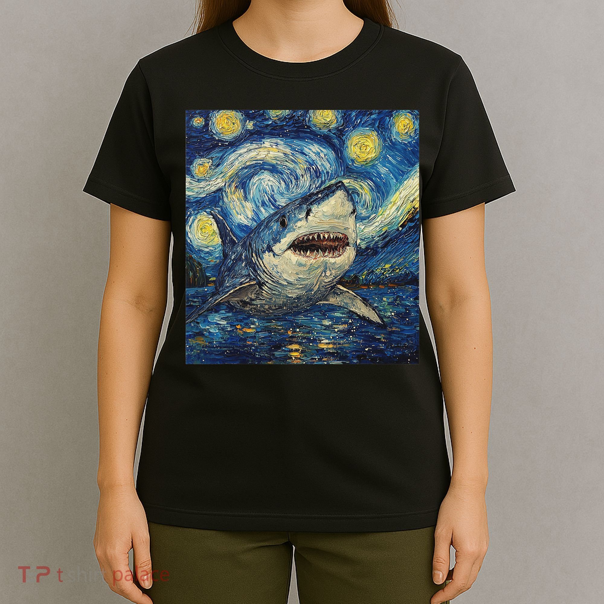 Funny Shark Van Gogh Style Starry Night T-Shirt