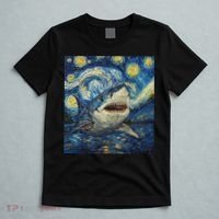 Funny Shark Van Gogh Style Starry Night T-Shirt thumb 5