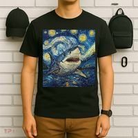 Funny Shark Van Gogh Style Starry Night T-Shirt thumb 6