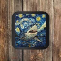 Funny Shark Van Gogh Style Starry Night Coaster thumb 0