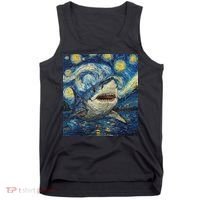 Funny Shark Van Gogh Style Starry Night Tank Top thumb 0
